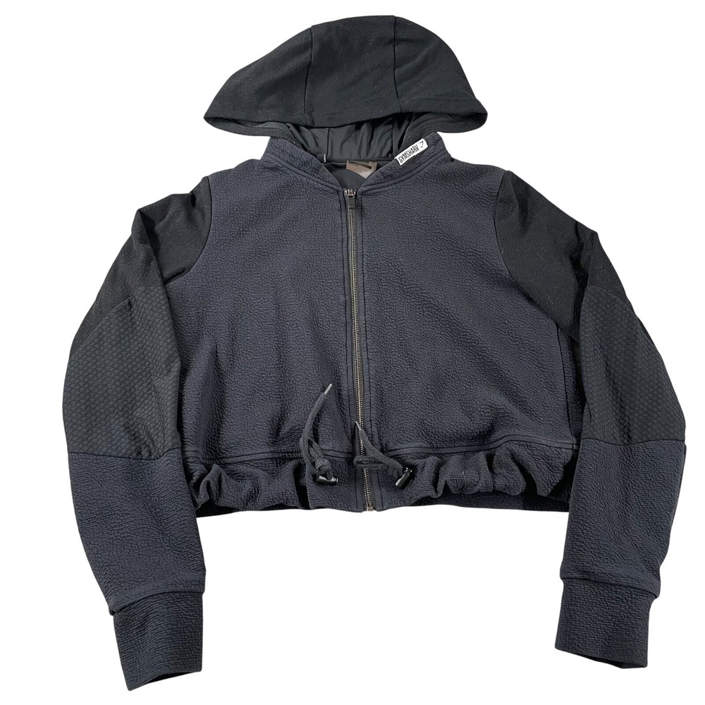 Gymshark Womens Black Textured Cropped Full Zip Hoodie Jacket Small Athleisure‎